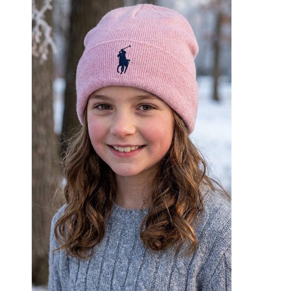 NWOT Polo Ralph Lauren Girls Heather Pink Knit Skull Cap Beanie Embroidered Pony
